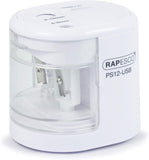 Rapesco 1448 PS12-USB electric pencil sharpener in white, with USB charging port and battery compartment, for precise sharpening.
