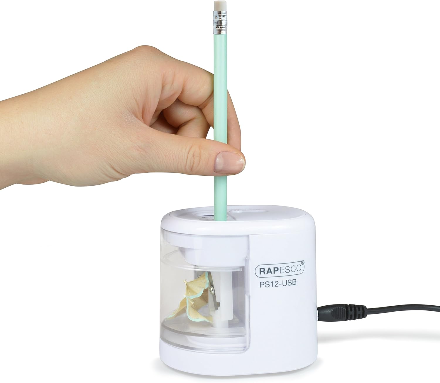 Rapesco 1448 PS12-USB electric pencil sharpener in white with USB charging port and power switch, shown with sharpened pencil.