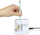 Rapesco 1448 PS12-USB electric pencil sharpener in white with USB charging port and power switch, shown with sharpened pencil.