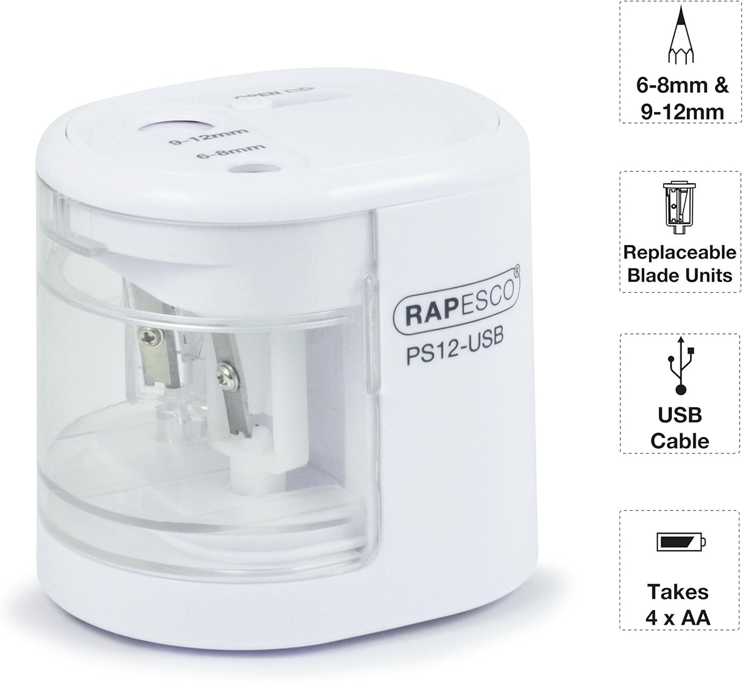 Rapesco 1448 PS12-USB electric pencil sharpener in white with USB charging port and battery compartment.