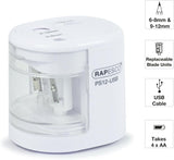 Rapesco 1448 PS12-USB electric pencil sharpener in white with USB charging port and battery compartment.