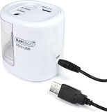 Rapesco 1448 PS12-USB electric pencil sharpener in white with USB and battery charging options, compact and modern design