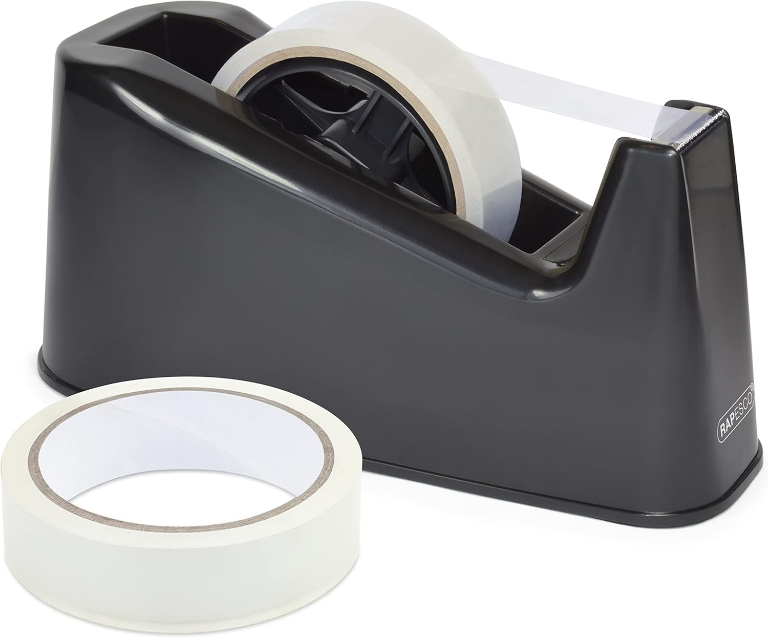 Rapesco heavy duty black tape dispenser with two rolls of clear tape, sturdy plastic construction for sealing packages.