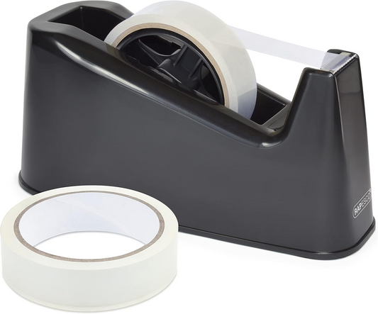 Rapesco heavy duty black tape dispenser with two rolls of clear tape, sturdy plastic construction for sealing packages.