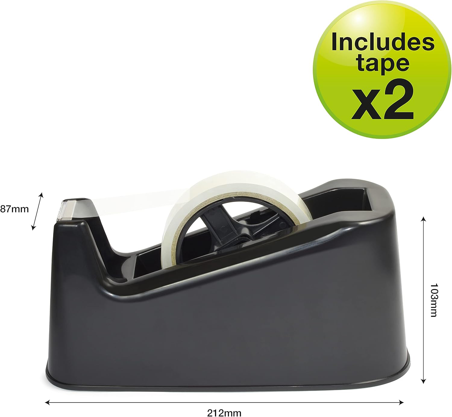 Rapesco heavy duty black tape dispenser with two rolls of clear adhesive tape, sturdy design for sealing packages.