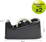 Rapesco heavy duty black tape dispenser with two rolls of clear adhesive tape, sturdy design for sealing packages.