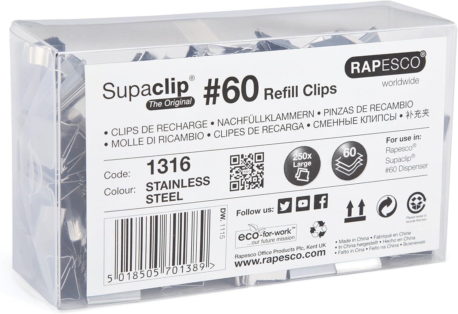 Rapesco Supaclip 60 stainless steel refill clips, bulk pack of 250, arranged in a box for office or home use.
