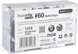 Rapesco Supaclip 60 stainless steel refill clips, bulk pack of 250, arranged in a box for office or home use.