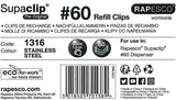 Box of Rapesco Supaclip 60 stainless steel refill clips, 250-pack, suitable for binding documents and office use