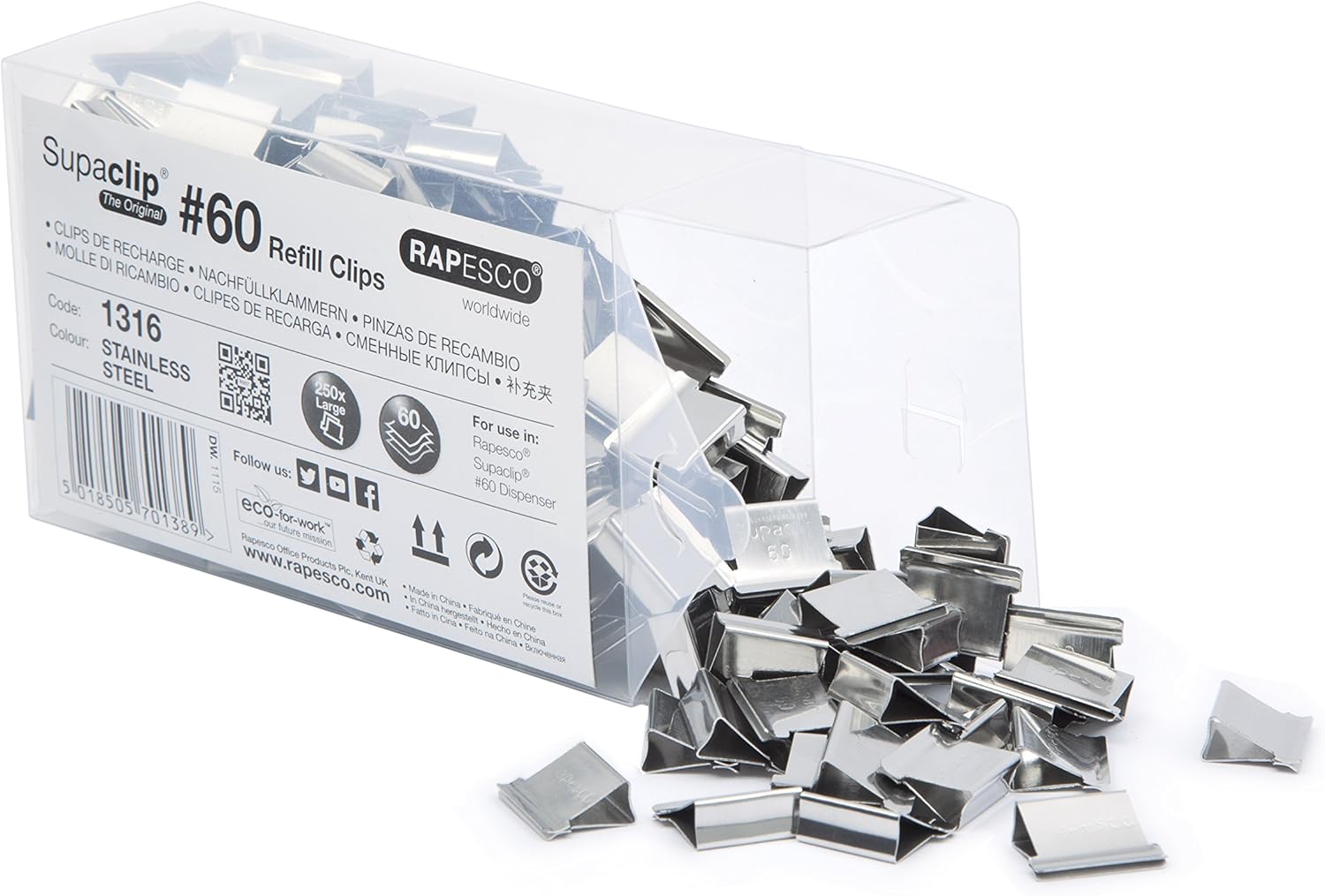 Rapesco Supaclip 60 stainless steel refill clips in bulk pack, 250 pieces, for heavy-duty binding and fastening.