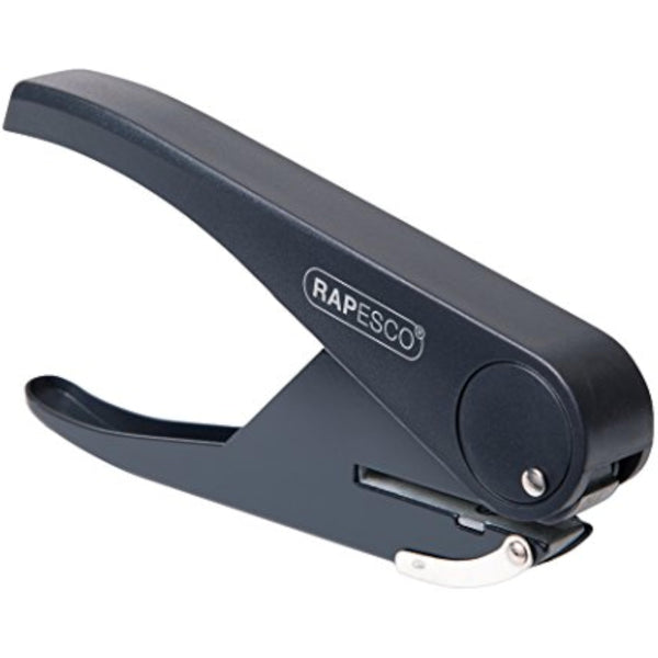 Rapesco Sole heavy-duty single hole puncher with 23-sheet capacity, metal construction, and ergonomic handle for stationery use.