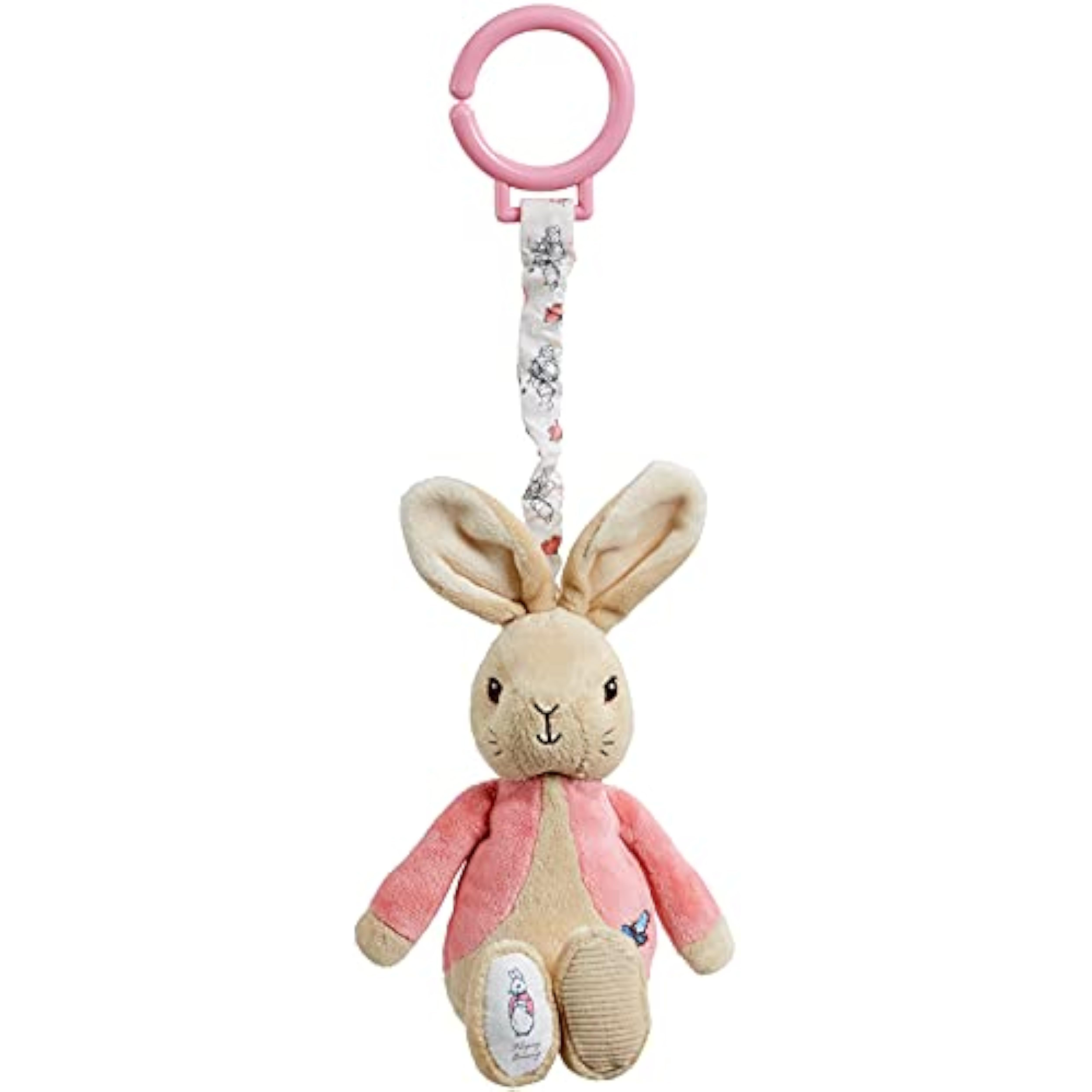 Pink Beatrix Potter Flopsy Jiggle Attachable Peter Rabbit pram toy by Rainbow Designs, featuring soft fabric and playful design.