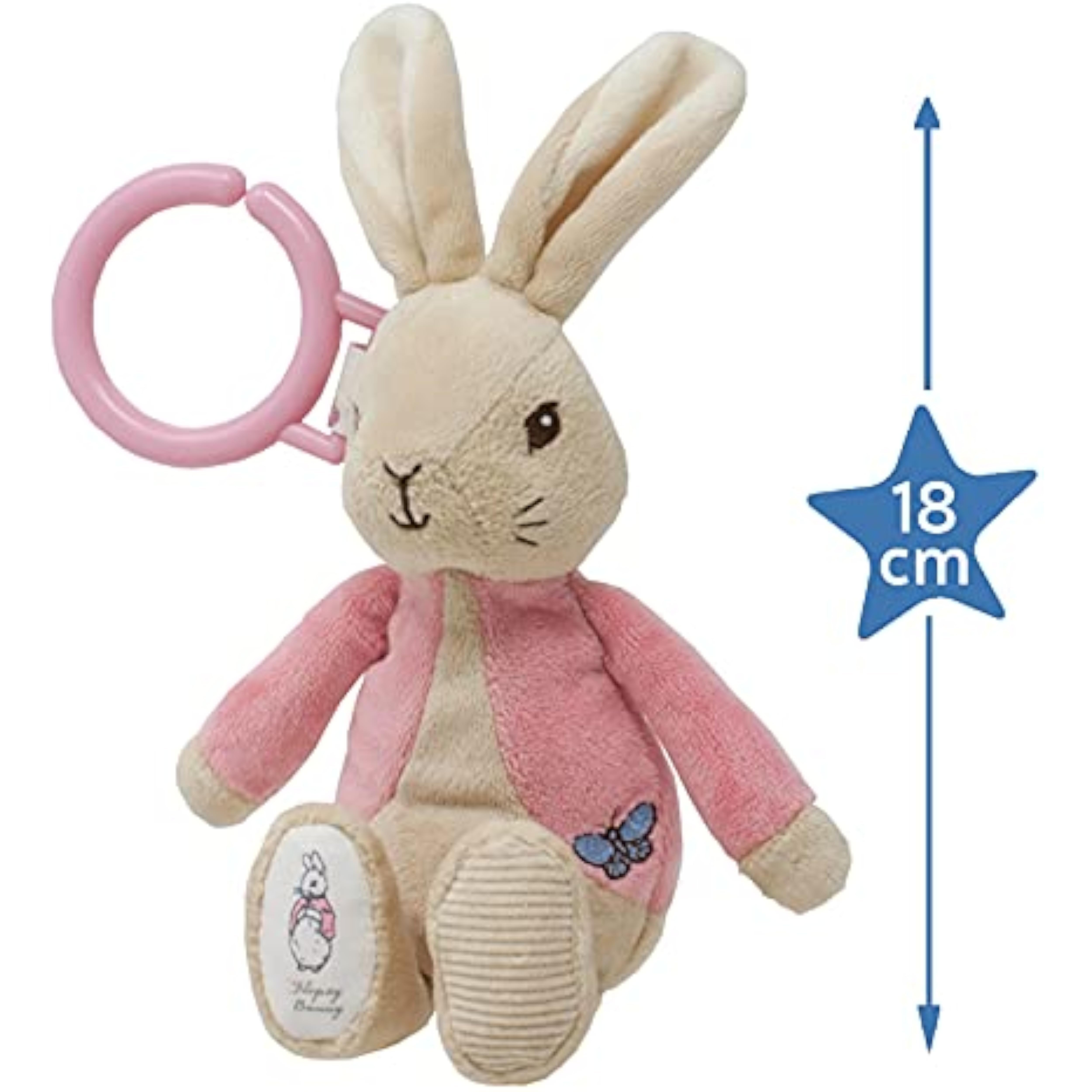 Pink Beatrix Potter Flopsy Jiggle Attachable Peter Rabbit pram toy by Rainbow Designs, featuring soft fabric and adorable animal design.