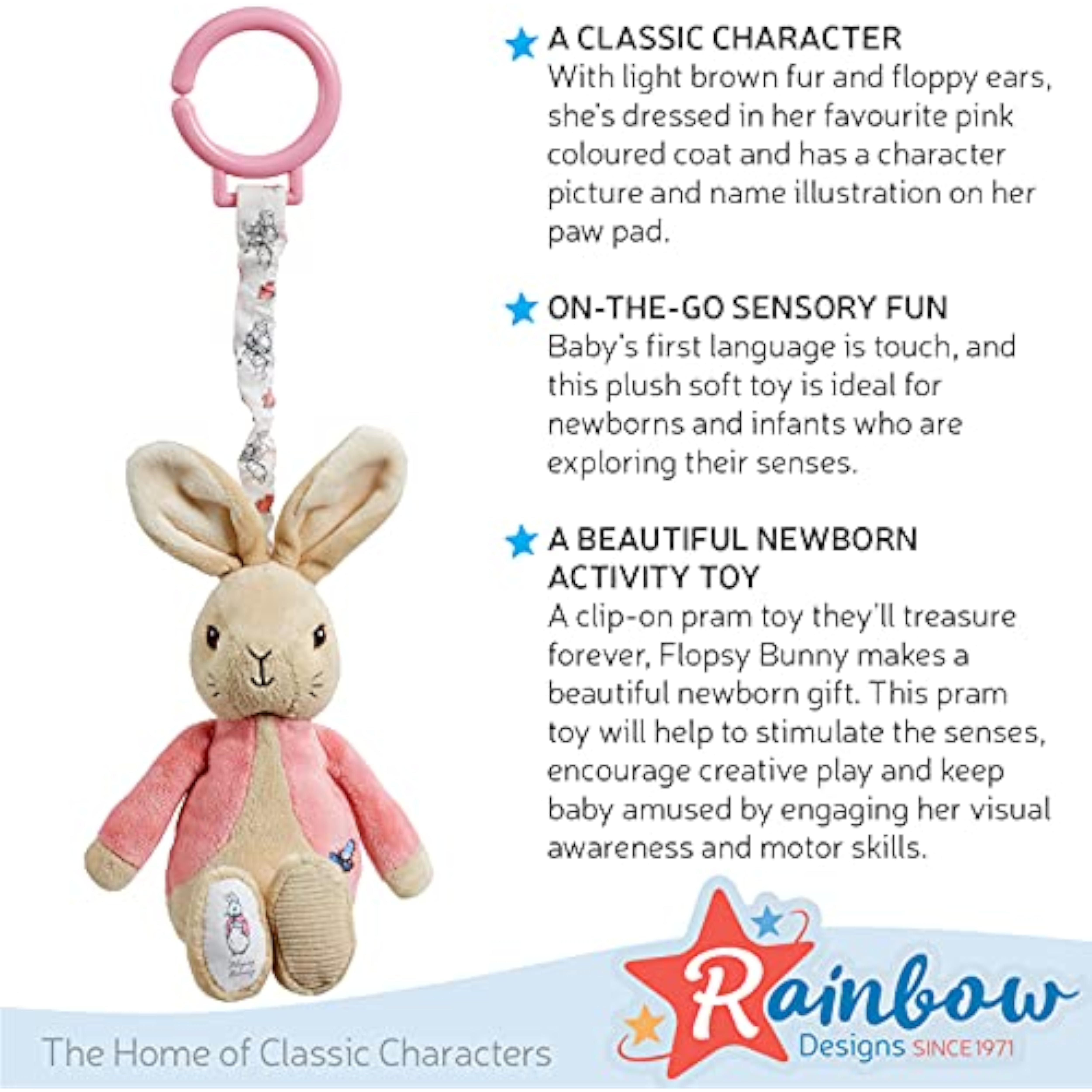 Pink Beatrix Potter Flopsy Jiggle Attachable Peter Rabbit pram toy by Rainbow Designs, with colorful rabbit features for babies.