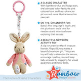 Pink Beatrix Potter Flopsy Jiggle Attachable Peter Rabbit pram toy by Rainbow Designs, with colorful rabbit features for babies.
