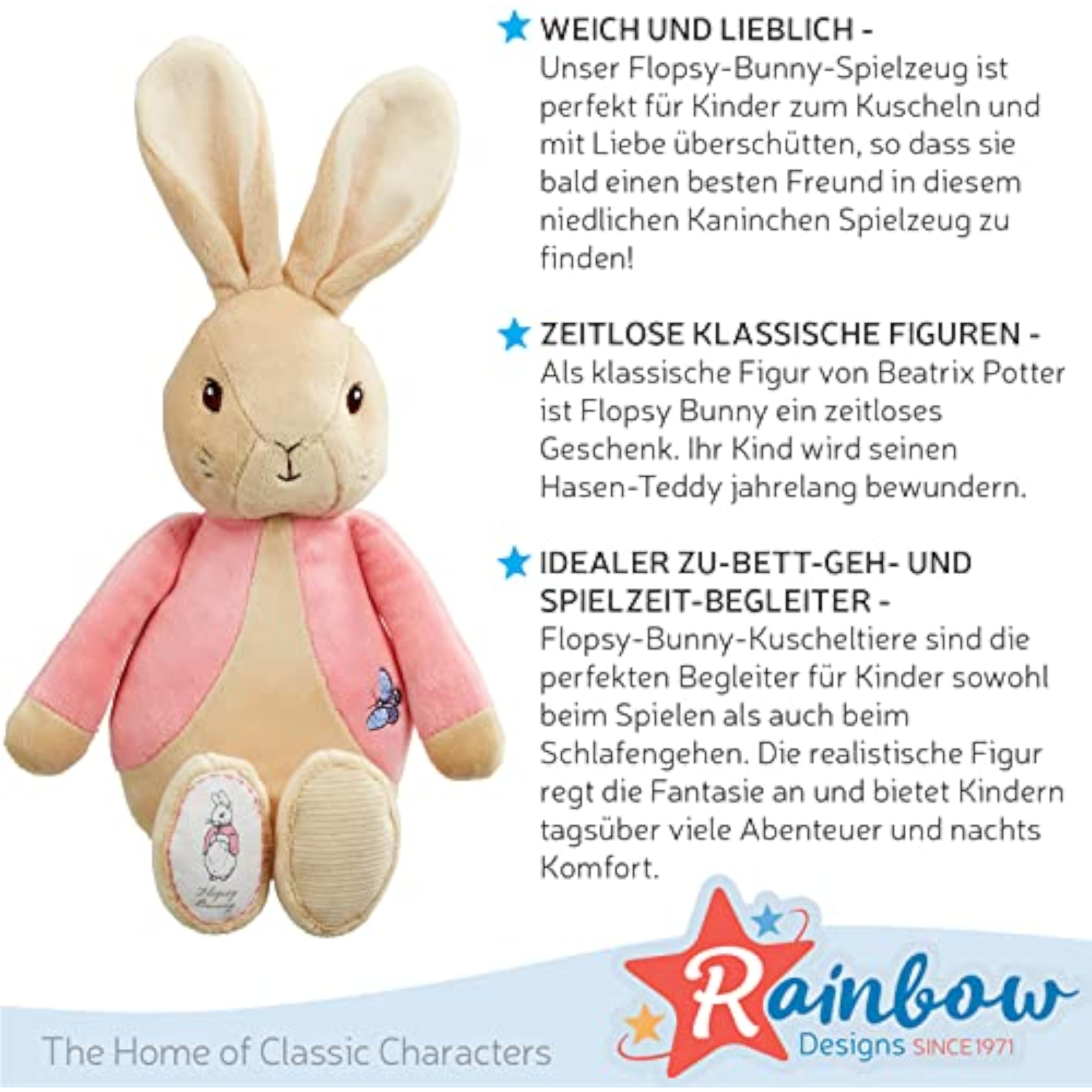Soft plush bunny toy featuring Peter Rabbit and Flopsy Bunny, made by Rainbow Designs, perfect for young children.