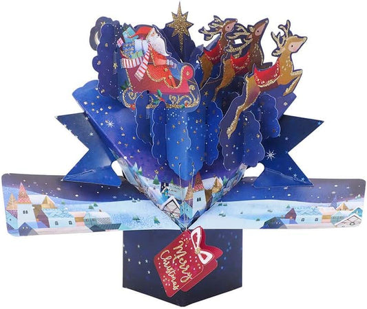 3D pop-up Santa and sleigh Christmas greeting card by Second Nature featuring festive holiday scene and intricate paper design.