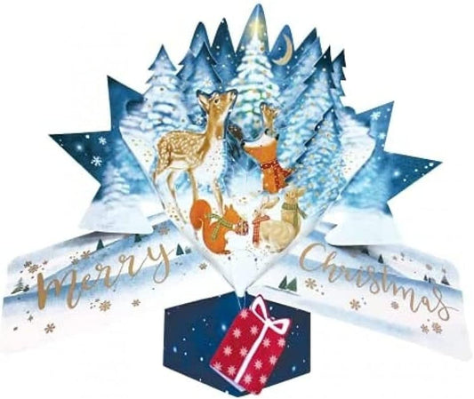 3D pop-up woodland animals Christmas greeting card by Second Nature featuring festive forest scene and detailed paper craftsmanship.