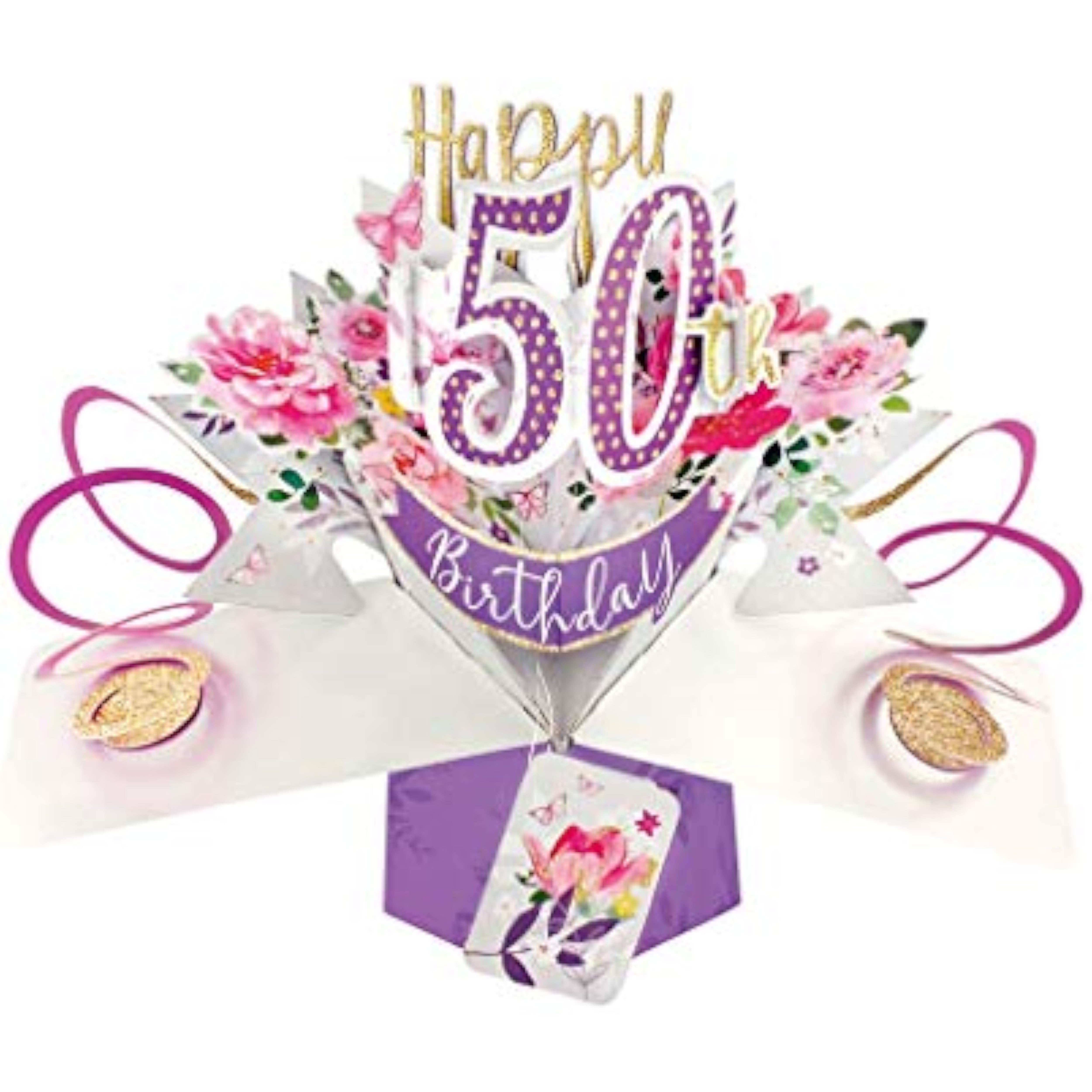 Second Nature 50th birthday greeting card with colorful pop-up flower design and festive celebration imagery.