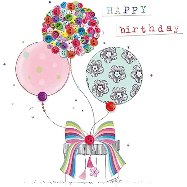 Second Nature birthday greeting card featuring colorful balloons and buttons for her, perfect for celebrating special occasions.