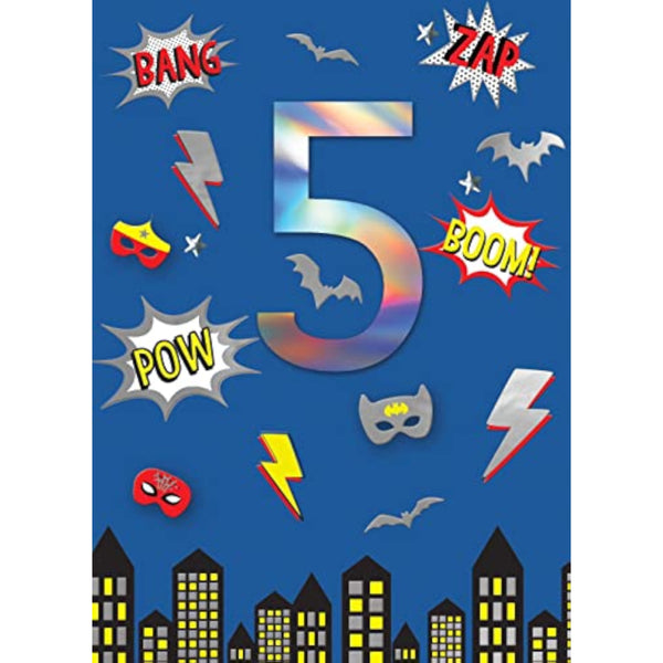 Boy's 5th birthday superhero greeting card by Second Nature featuring colorful superhero design and festive birthday elements.
