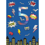 Boy's 5th birthday superhero greeting card by Second Nature featuring colorful superhero design and festive birthday elements.