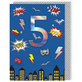 Boy's 5th birthday superhero greeting card by Second Nature, featuring colorful superhero design and festive birthday message.