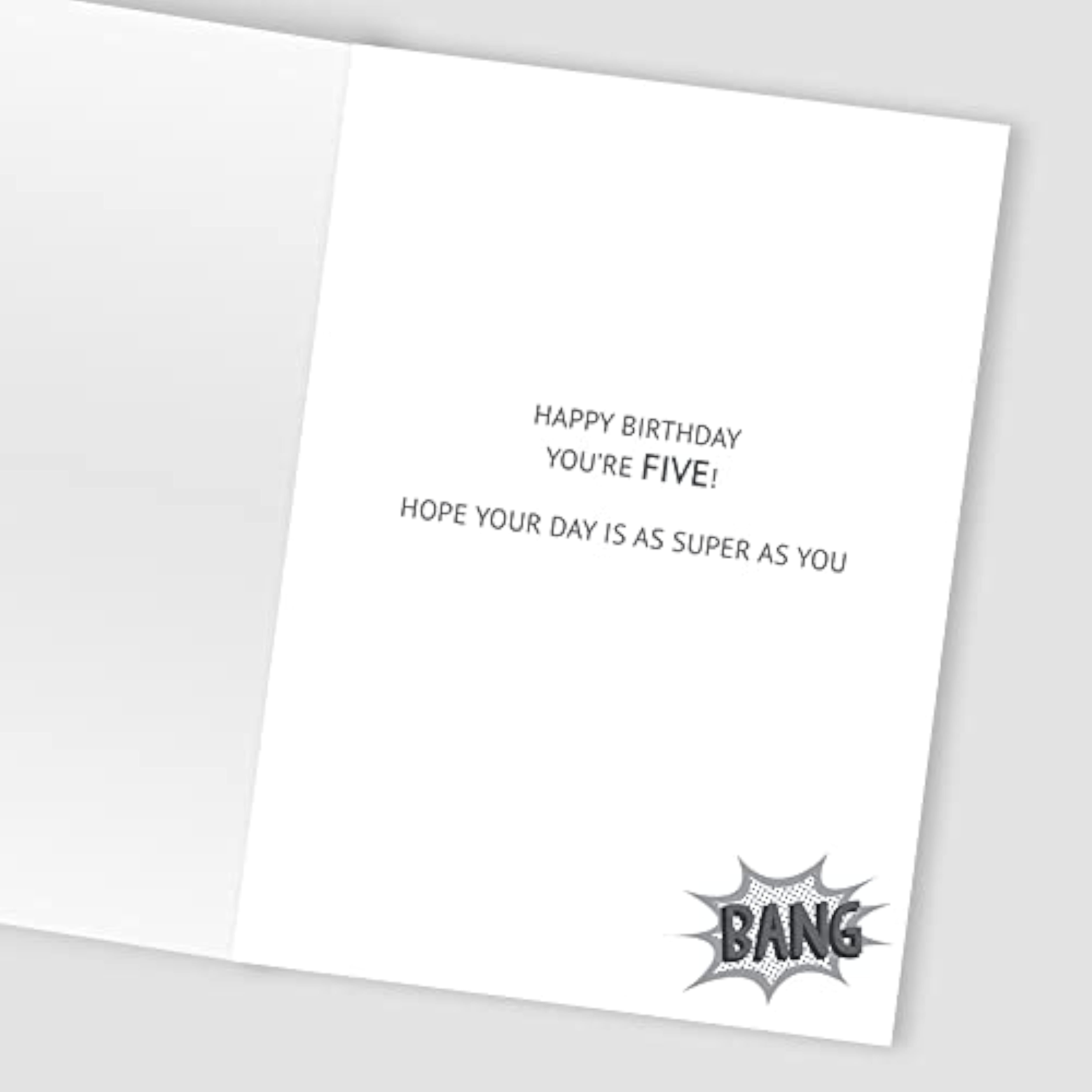 Boy's 5th birthday superhero greeting card by Second Nature featuring colorful superhero illustrations and celebratory message.