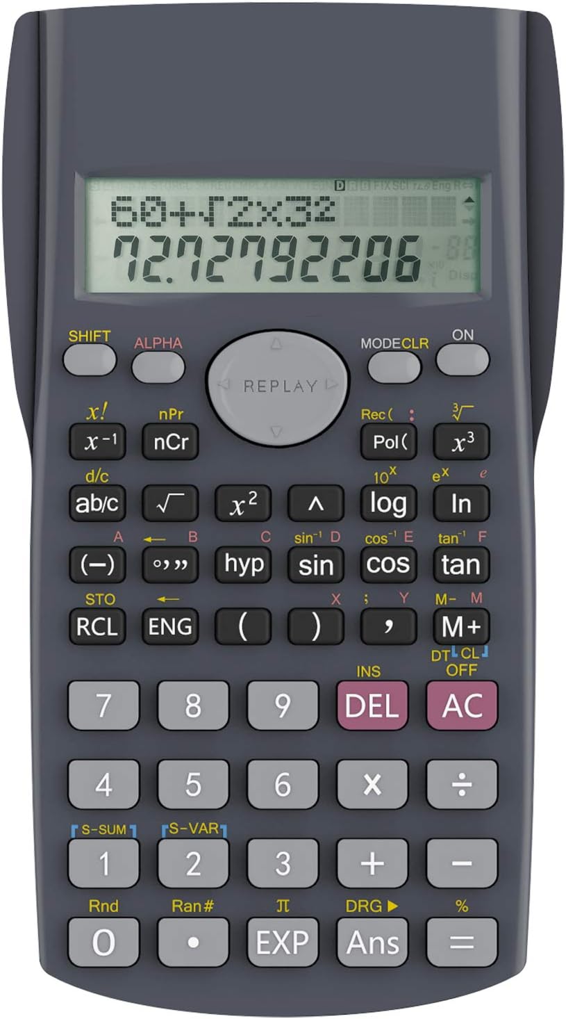 Helect 2-line engineering scientific calculator in black with buttons, designed for school and business use.