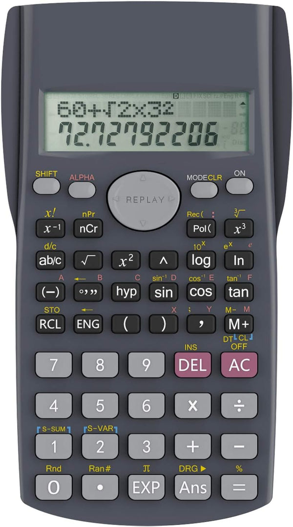 Helect 2-line engineering scientific calculator in black with buttons, designed for school and business use.