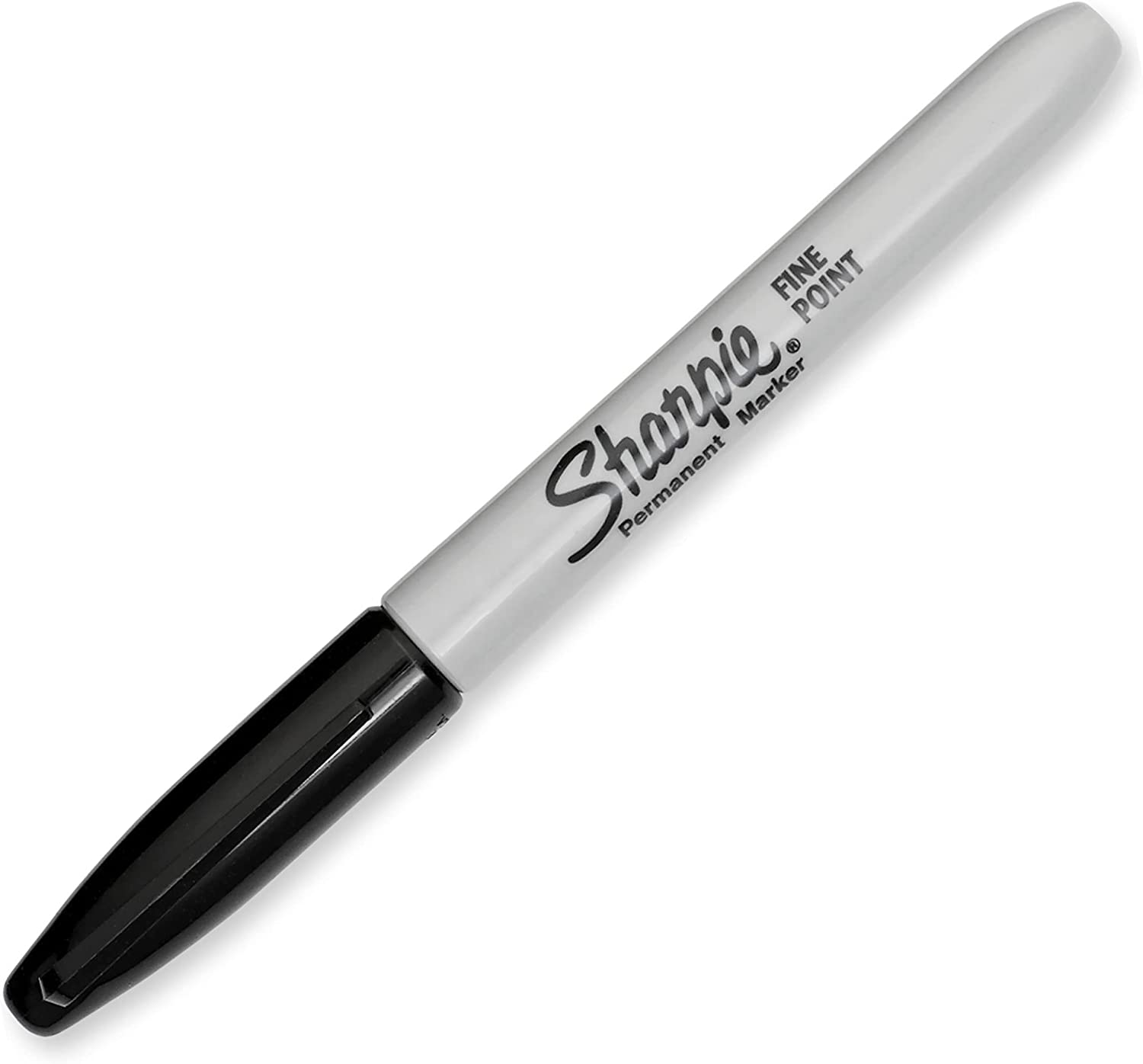 Sharpie black permanent marker fine point next to a greeting card, showcasing its precise tip for detailed writing or decorating.