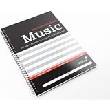 Silvine A4 music manuscript book with 12 staves and 100 pages, designed for musical notation and composition.