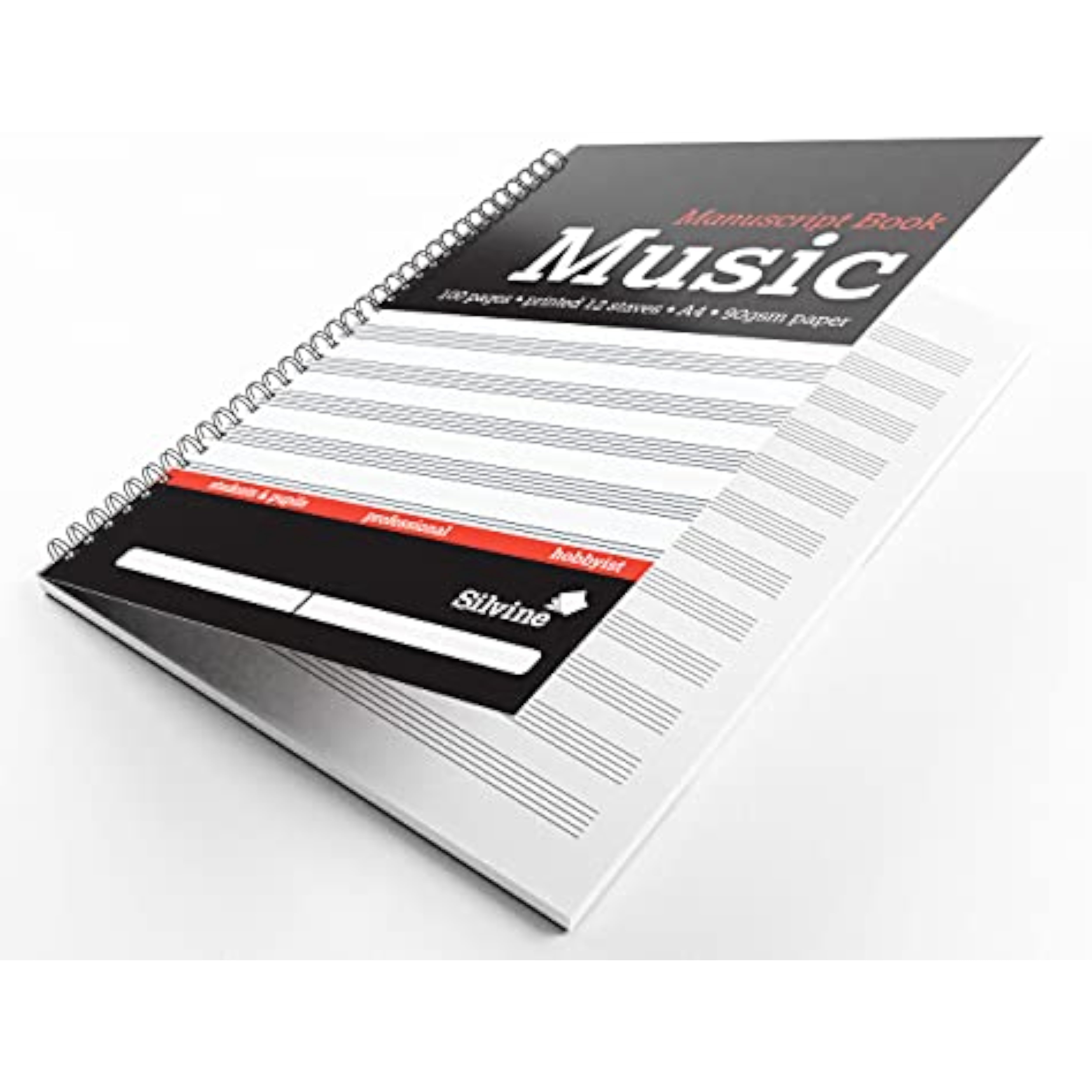 Silvine A4 music manuscript book with 12 staves and 100 pages, designed for composing and recording musical scores.