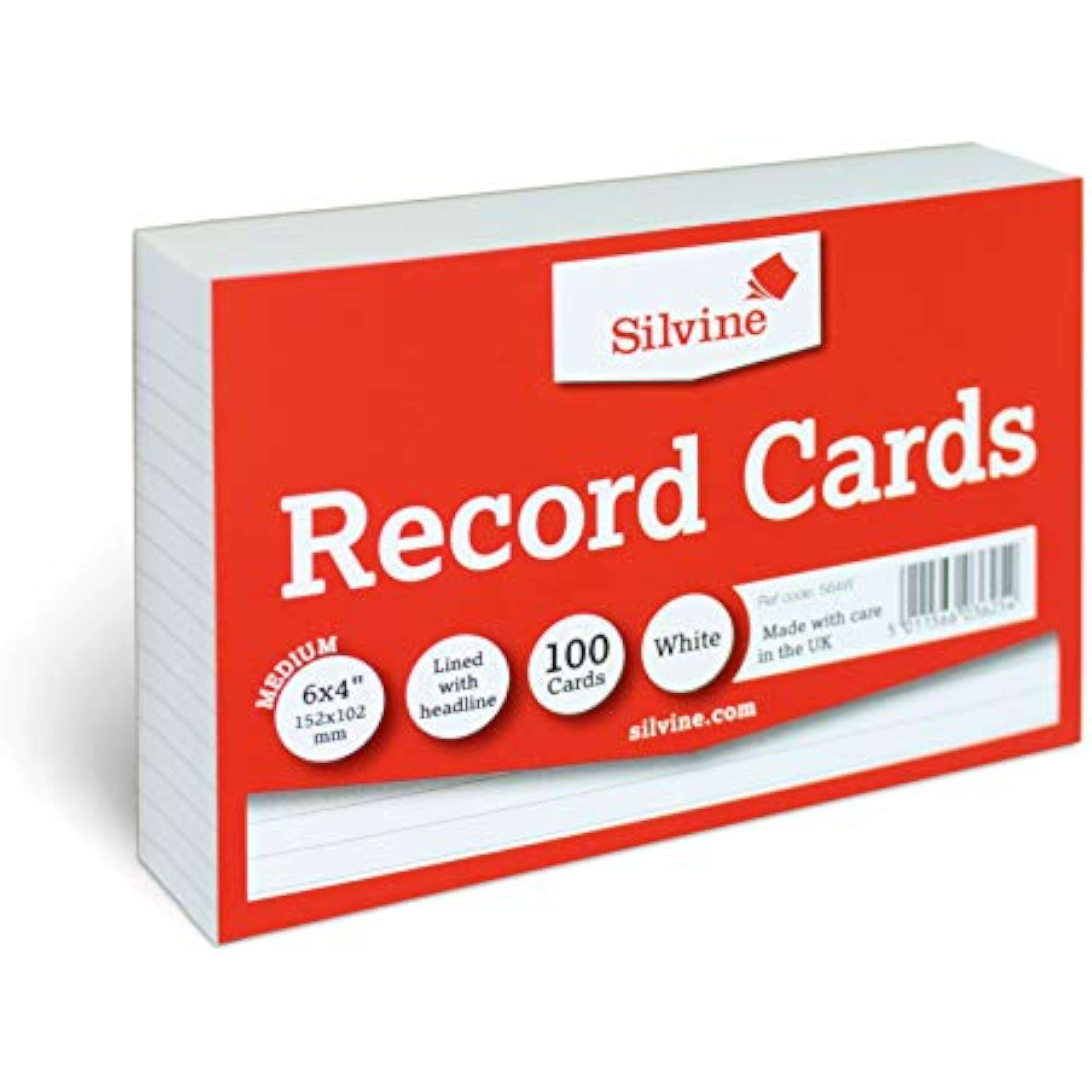 Silvine pack of 100 white 6x4 inch feint ruled record cards for stationery and note-taking.