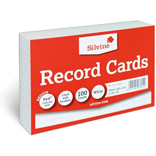 Silvine pack of 100 white 6x4 inch feint ruled record cards for stationery and note-taking.