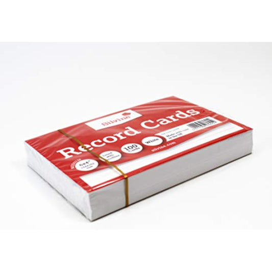 Pack of 100 white 6x4 inch Feint Ruled Record Cards by Silvine, showing neatly stacked cards with ruled lines for organization.