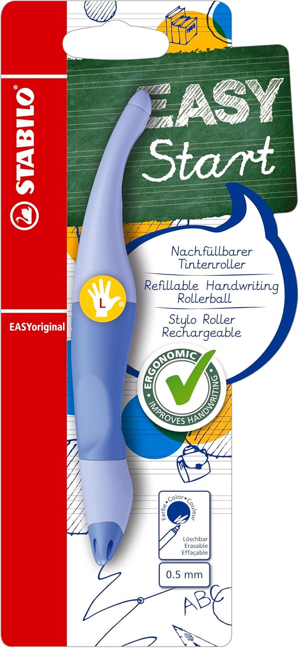 Left-handed Stabilo EASYoriginal Pastel ergonomic rollerball pen in cloudy blue with a comfortable grip.