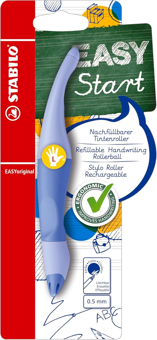 Left-handed Stabilo EASYoriginal Pastel ergonomic rollerball pen in cloudy blue with a comfortable grip.