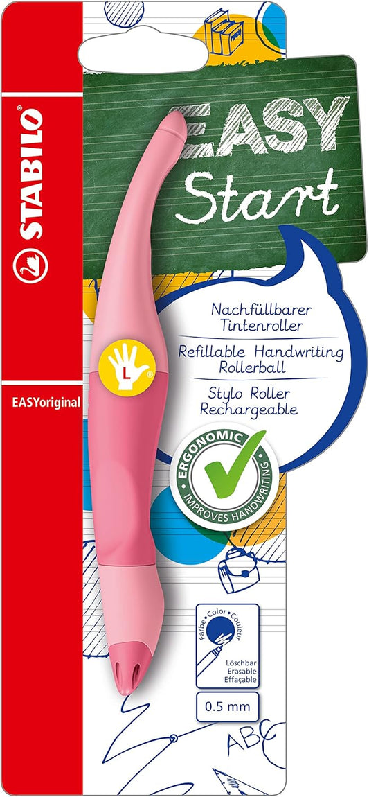 Stabilo EASYoriginal Pastel ergonomic rollerball pen in pink blush for left-handed writers, featuring a comfortable grip and smooth ink.