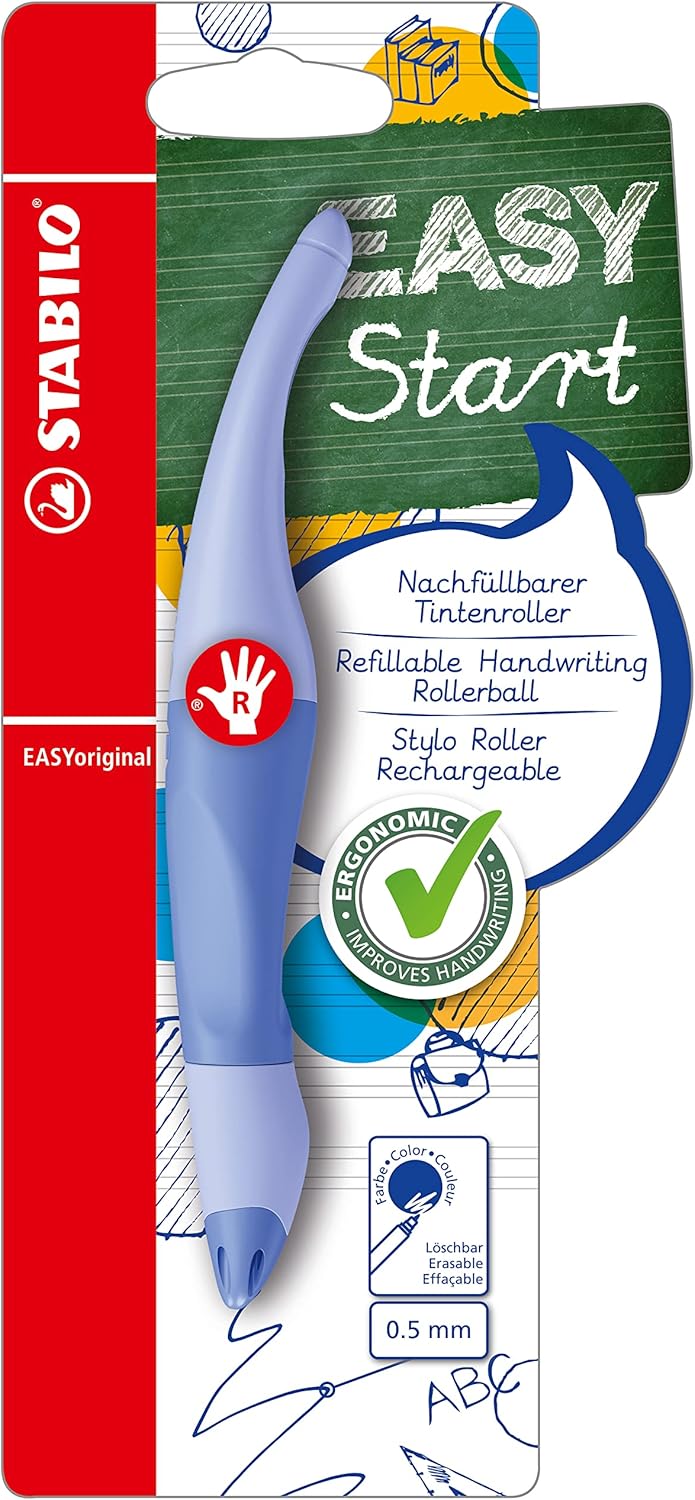Right-handed Stabilo EASYoriginal Pastel ergonomic rollerball pen in cloudy blue, designed for comfortable writing.