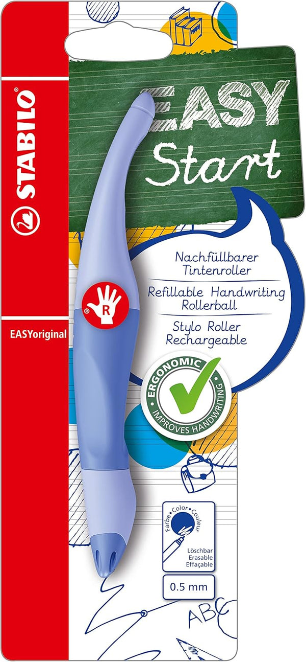 Right-handed Stabilo EASYoriginal Pastel ergonomic rollerball pen in cloudy blue, designed for comfortable writing.