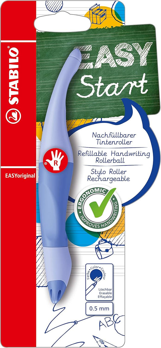 Right-handed Stabilo EASYoriginal Pastel ergonomic rollerball pen in cloudy blue, designed for comfortable writing.