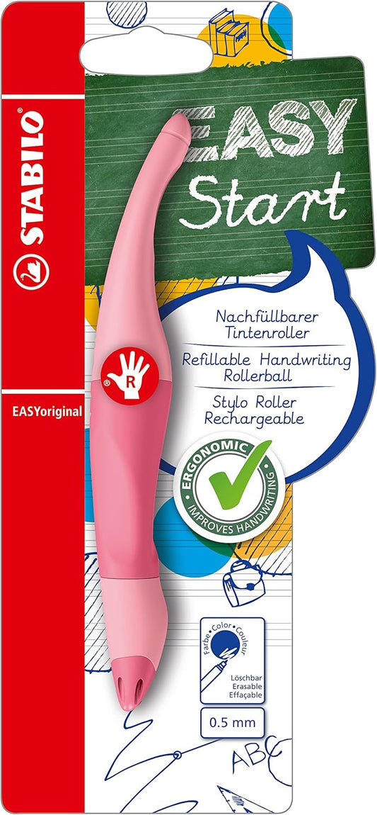 Pink blush Stabilo EASYoriginal ergonomic rollerball pen for right-handed users, featuring pastel design and comfortable grip.