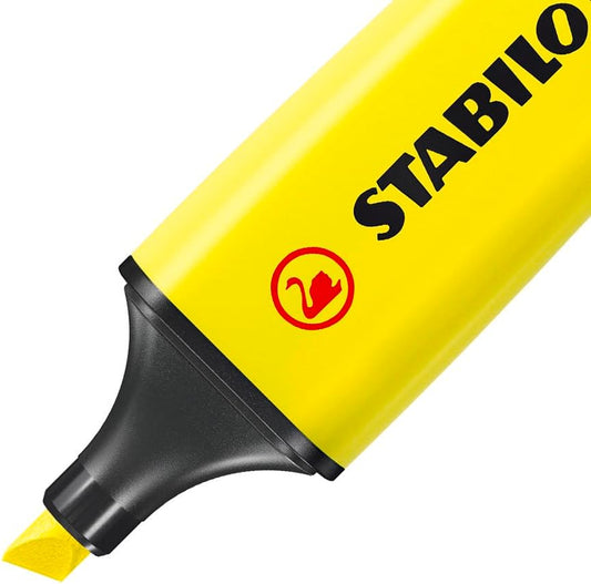 Set of four Stabilo BOSS ORIGINAL highlighters in yellow, orange, green, and pink with large chisel tips.