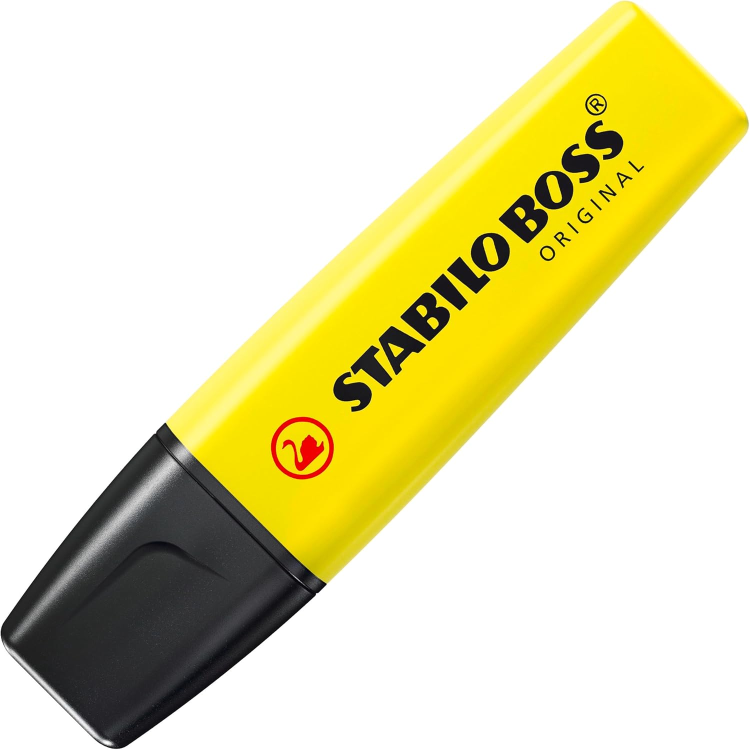 Set of four Stabilo BOSS ORIGINAL highlighters in yellow, orange, green, and pink, featuring bright, vivid ink colors.