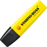 Set of four Stabilo BOSS ORIGINAL highlighters in yellow, orange, green, and pink, featuring bright, vivid ink colors.