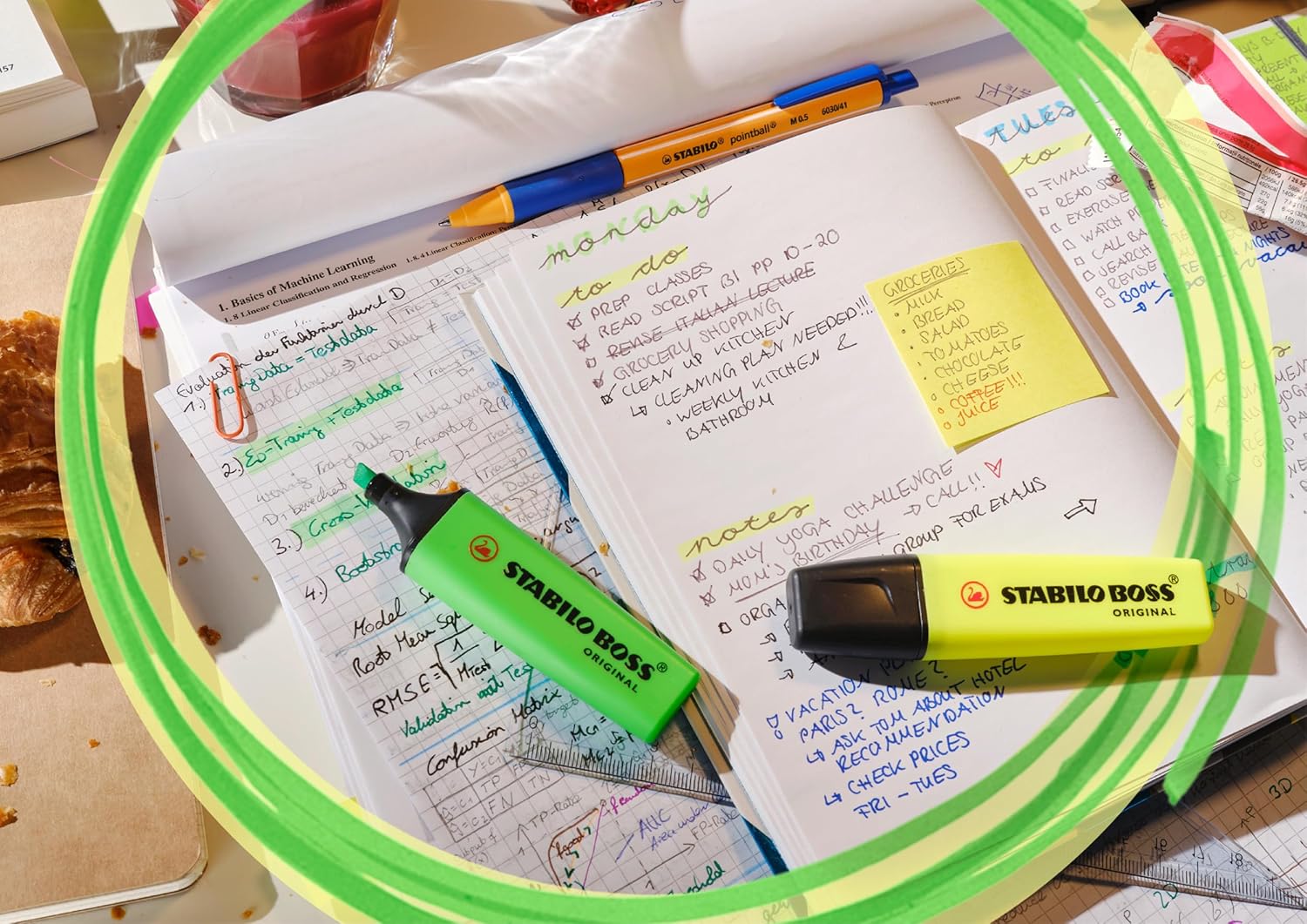 Stabilo BOSS ORIGINAL highlighters in a big box of four yellow, orange, green, and pink highlighter pens.