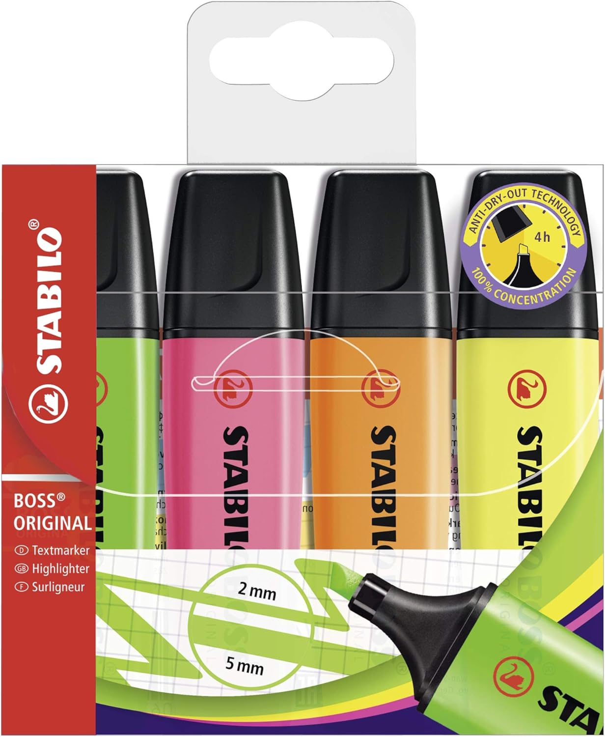 Set of four Stabilo BOSS Original highlighters in yellow, orange, green, and pink with chisel tips for vibrant highlighting.