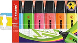 Set of six Stabilo BOSS ORIGINAL highlighters in assorted colors, featuring chisel tips and vibrant ink for highlighting text.