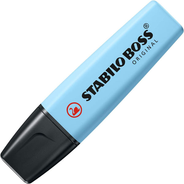 Stabilo BOSS ORIGINAL pastel highlighter in breezy blue with a chisel tip and pastel-colored body on white background.